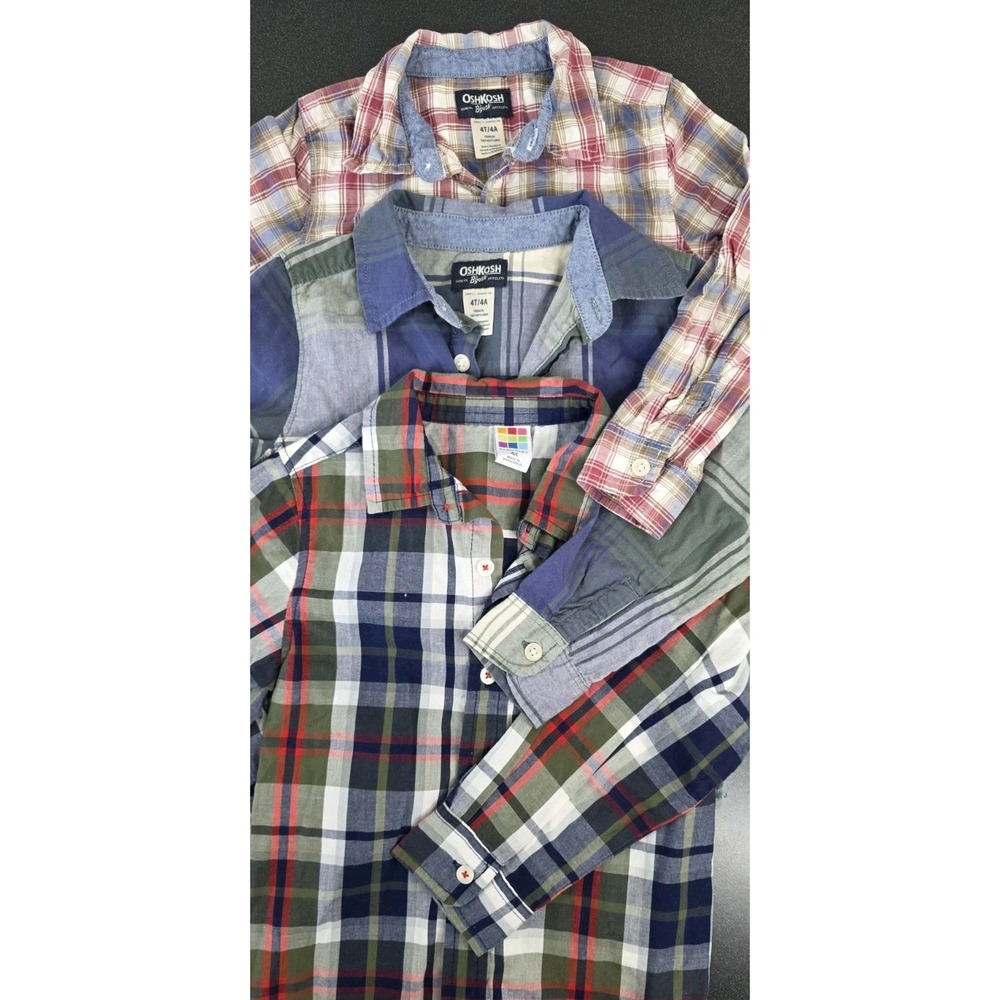 3pc OshKosh B'gosh 4T Boys Plaid Long Sleeve Cotton Button-Up Shirts‎ Tops